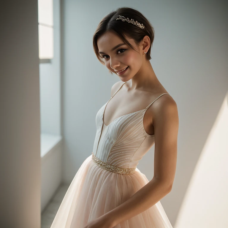 Fashion model photography, ballet dress, strong sense of design, medium shot, South African young woman, short hair, hair accessories, delicate skin, smile, simple background, high texture, glare backlight, professional studio lighting
