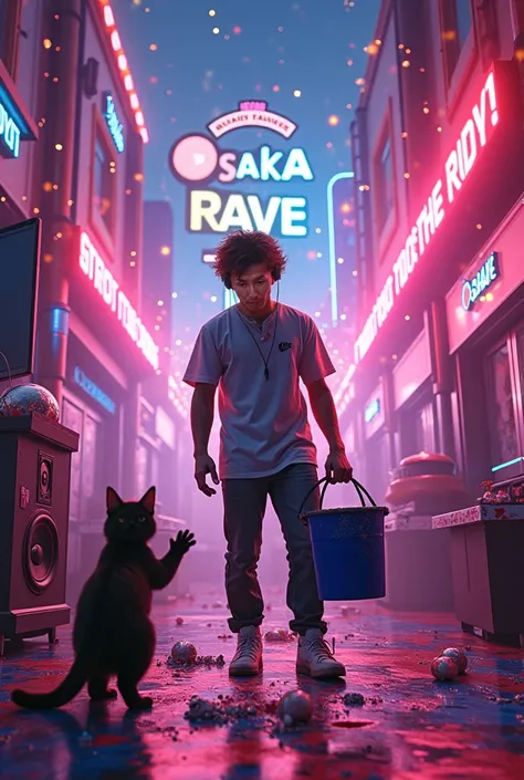 Age 25、Colorful pop art、A man wears a  、There are 「Osaka　RAVE」 written  、 headphones 、Colorful space、 is splashing lots of different paints on the wall with a bucket、The cat is standing and waving with its own intentions 、 DJ booth 、 flashy speakers on the...