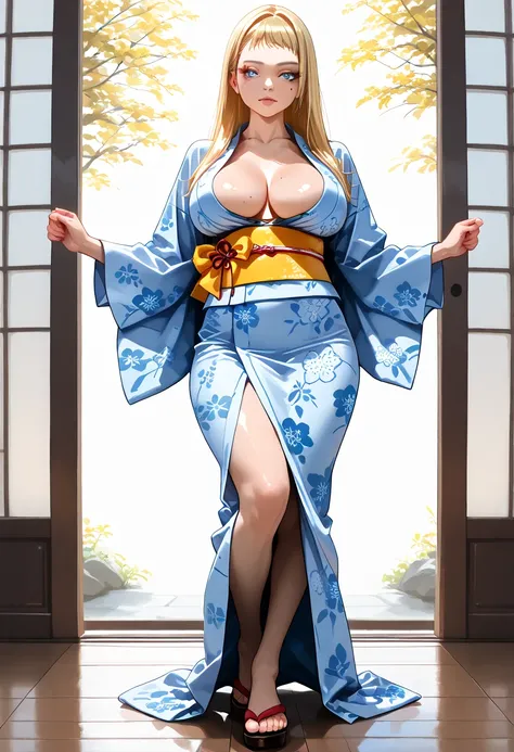 Curvy petite woman in a beautiful traditional Japanese yukata, graceful pose, detailed facial features, (full body, flabby breasts, incredibly large breasts, toned midriff, long eyelashes, short blonde hair, long hair, short bangs, straight hair, blue eyes...