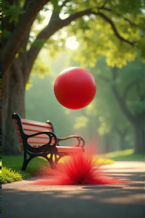 A vivid scene of a bright red ping pong ball dropping from above onto a paved road surrounded by a serene park. The ball bounces once and then bursts dramatically upon impact, creating a small, realistic puff of color. In the background, there is a wooden ...