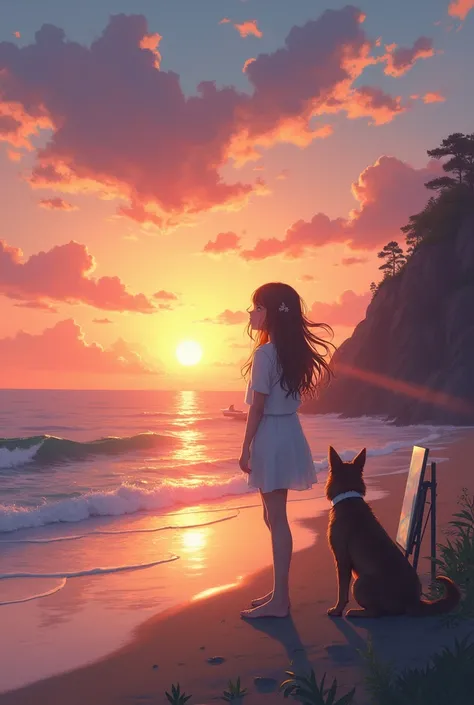  Create an image of a girl  on the seashore at a beautiful sunset, a dog painting , next to him is lying and looking out at the sea 