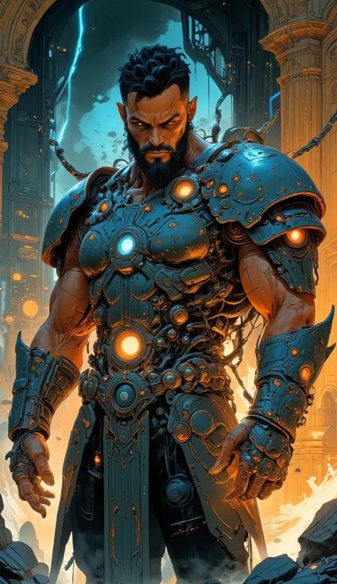 A berserker warrior, muscular male, intricate armor, striking facial features, piercing eyes, rugged beard, bronze skin, mesmerizing expression, powerful pose, dynamic movement, golden ratio composition, cinematic lighting, vibrant colors, dramatic atmosph...