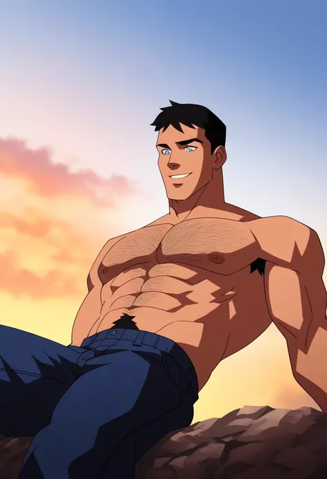 ASCIIscore_9, score_8_up, score_7_up, source_cartoon, 1boy, solo, superboy, smile, exposed pectorals, (hairy chest:1.1), blue eyes, looking down, black hair, blue jeans, outside, sitting on a rock, sky background, 4k, masterpiece, from below, manly