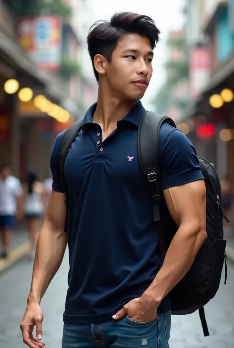 ((realistic daylight)) , Young Korean man in a navy polo shirt and jeans, A handsome,, (((Big arm muscles, tight breasts , Muscle Bundle, ))), muscular young Asian man looks at the camera. In a , เยาวราช ประเทศไทย สะพายเป้สีดำ ชายหันหน้าไปด้านข้าง