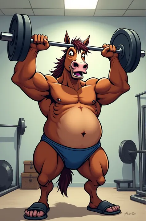 A cartoon of a big, muscular horse lifting weights