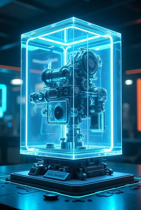 Image of a futuristic machine 　 in the shape of a square box 　 transparent on the outside with full view of the machine on the inside 　 with motifs of transparent and light blue in neon style 。Mr.々 or machine placed on a foundation with switch conductors, ...