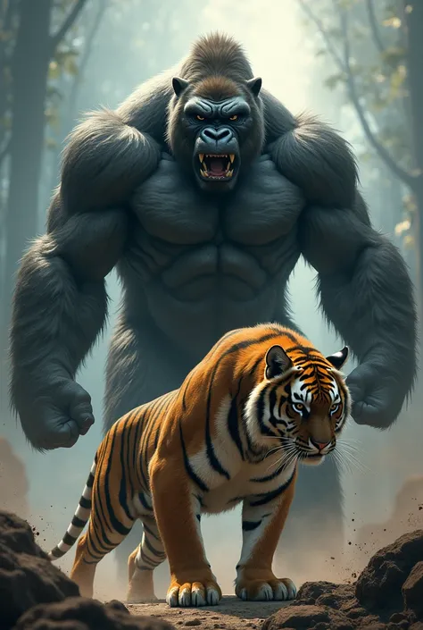 Gorilla beating tiger and tiger is in the group while gorilla in standing above it with aura background 