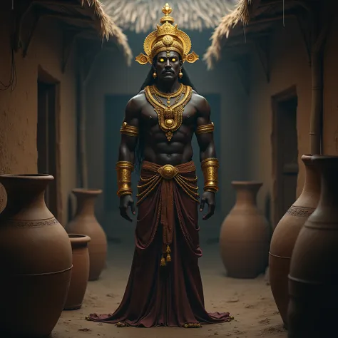 A majestic Hindu deity, Yama, depicted with a stern expression and dark skin, glowing eyes. He wears ornate golden jewelry and a crown, standing 

Background image:- A dimly lit alleyway in a traditional Indian village. The walls are made of mud and straw,...