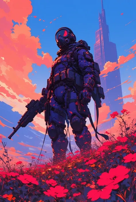   Man in a gas mask with a machine gun in a field of flowers ,Aurora in the sky ,Cyberpunk Art by Mike "Beeple" Shopman , amazing realism, retro punk nature wave defender, masterpiece      Spectacular Retrowave Art , 2009 SF8K movie synthwave art style , S...