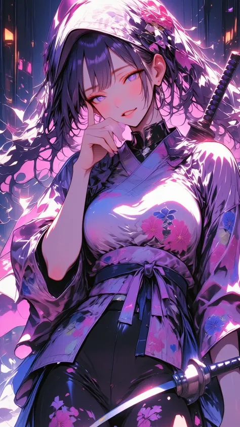  Young Beautiful Woman,(masterpiece:1.3, top quality :1.3, very detailed depiction:1.3, Incredibly Absurd Hi-Res),（Flower Girl Wearing A Japanese Style Yukata ）,(High-quality yukata, bodystocking ,geta),(Purple Eyes,, Half Closed Eyes, is opening her mouth...