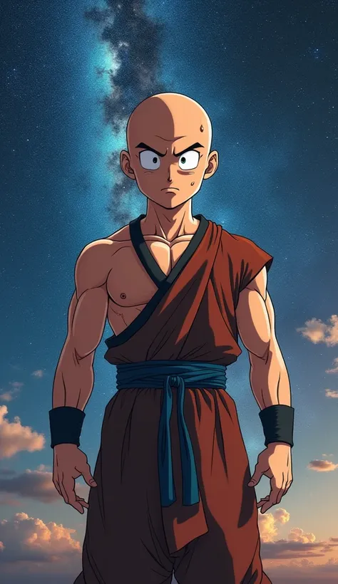 Krillin (Dragon Ball Z), Full Body, adult, Milky Way background, realistic, cinematic, detailed face