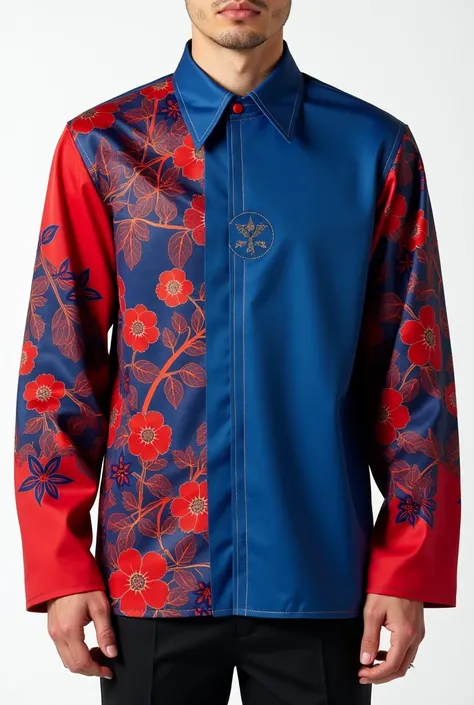 Long sleeve shirt collar t-shirt in blue and red with Korean design