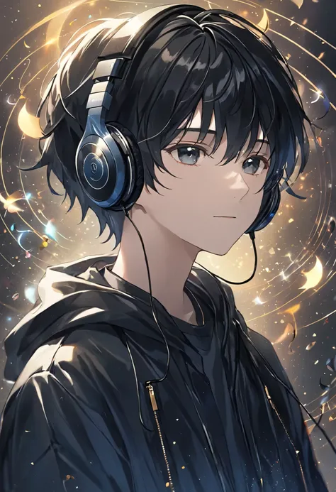 Boy with music headphones , black hair , midium hair