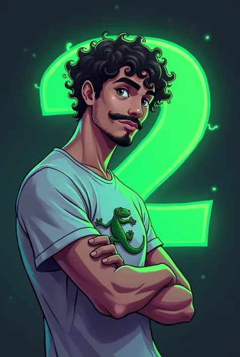 professional esport logo that combines a character with short curly hair of short length,  tight and voluminous curls ,  with a thin mustache and light shade beard .  The character is holding a giant number 2 with a modern ,  angular and neon green design ...