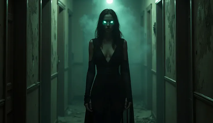 
A mysterious vampire alien woman with glowing eyes, standing confidently in the dimly lit hallway of an abandoned house. The atmosphere is tense, filled with an eerie, yet powerful energy. The surroundings are dark, with an ancient, almost otherworldly ae...