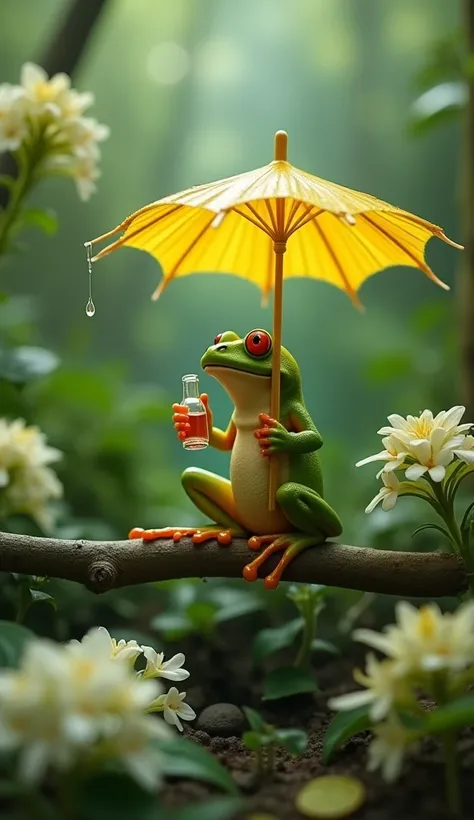 A photo of a frog sitting on a twig in a lush green forest. The frog is holding a small bottle in one hand and an umbrella made of a large yellow leaf in the other. The umbrella is slightly tilted, allowing a drop of water to fall. The frog is surrounded b...