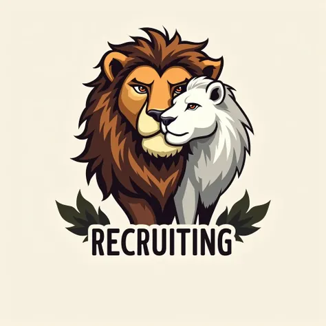 Logo: A word "RECRUITING" WITH A LION (BROWN) AND LIONESS (WHITE)