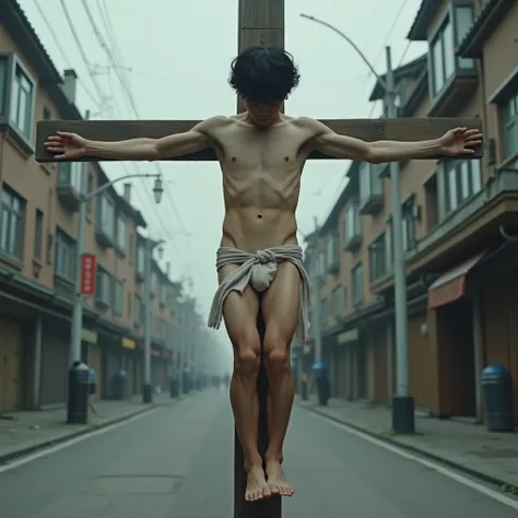  surrenders,photograph, super high definition ,Handsome teenage Japanese man with his outstretched arms and legs tied and crucified naked with a very small, very thin, very transparent handkerchief on his crotch,erect penis, full body,Deserted Town Square,