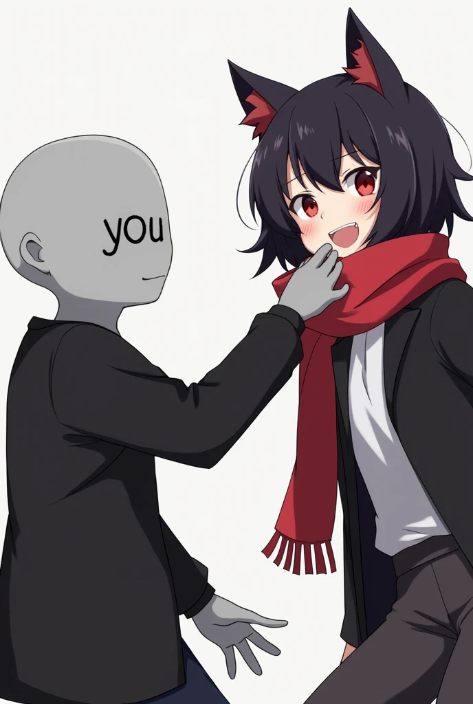 Fully gray anime guy without hair and face instead that write on his face "you". Playfully bitting hair anime mans what have black hair, red scarf, red eyes, fangs, cat ears, black jacket, white shirt, and he smiling to gray guy