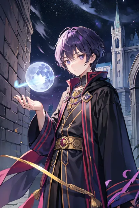 A wizard man with dark purple short hair is hiding behind the walls of the royal castle in the middle of the night