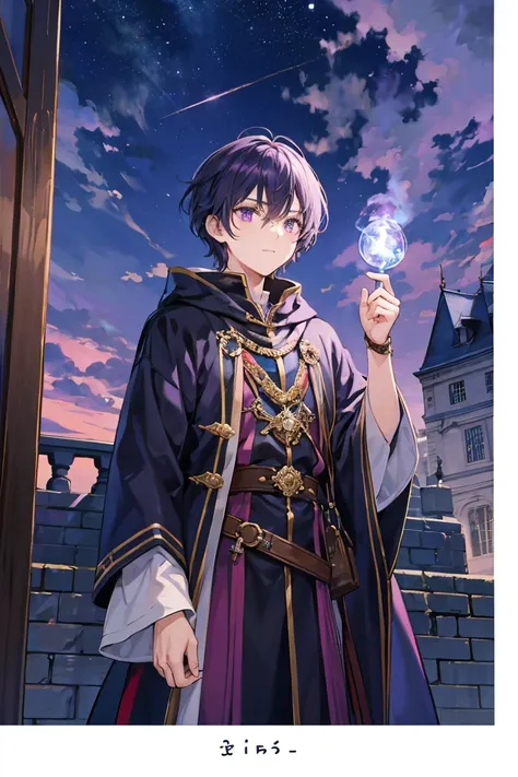 A wizard man with dark purple short hair is hiding behind the walls of the royal castle in the middle of the night