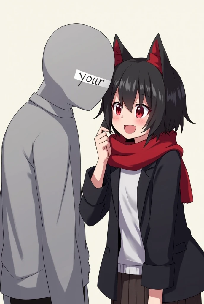 Fully gray anime guy without hair and face instead that write on his face "you". Playfully bitting hair anime MANS what have black hair, red scarf, red eyes, fangs, cat ears, black jacket, white shirt, and he smiling to gray guy