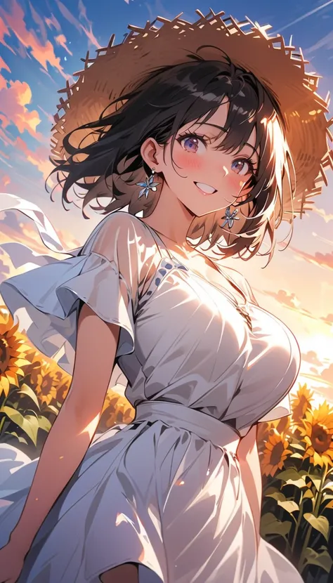 ( beautiful girl : 1.3), 1 girl,( white dress, Straw Hat , earrings for women with first name,Pure white underwear, thick pubic hair), black hair, bob cut,smile,blush,Embarrassed, dynamic angle ,Strong winds, The skirt flips up in the wind,Sunflower field,...