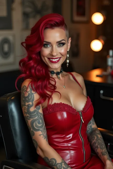 beautiful sexy 60 years old British woman, makeup , besides hard rock barber chair, sexy short lace leather red domina dress, shaved buzzed undercut red haircut, submissived, perverse, vicious, touching her body, many long cut hair laying her shoulders, ha...