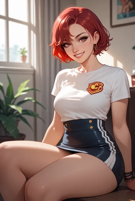  red hair , , smile,  short skirt, flirtatious look , in the room,  sits with her legs spread,  your vulgar friend doesnt mind joking and decides to play truth or dare with you