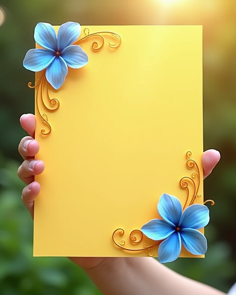 Realistic photography style, front view, sunlight, plenty of light, a hand holding a huge A4 yellowish paper, the corners of the paper are decorated with four blue flowers, the petals are delicate and with a subtle gradient color, adding softness and warmt...