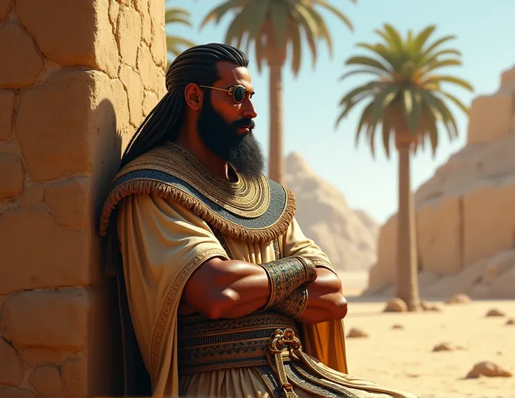 create a hyperrealistic image of Nippur de Lagash leaning against a wall with the desert and palm trees in the background, Without Beard, with eye patch, Add belt with sword