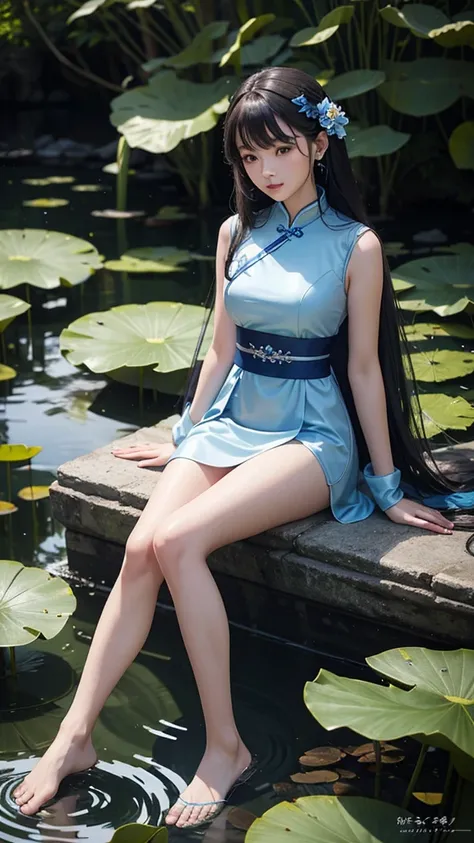  has a blue dress , 16 Long Legs, A woman sits on a rock in the water, Standing gracefully on the lotus,  Ethereal Beauty , Wearing blue cheongsam, court,  girl in Hanfu, Wearing blue cheongsam, Full of fairy-like atmosphere, In the pond,  white Hanfu,  an...