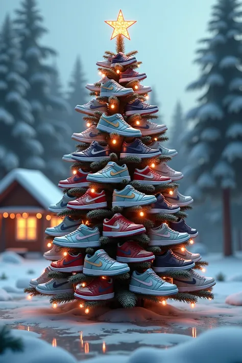 a Christmas tree made of Nike sneakers in a realistic style