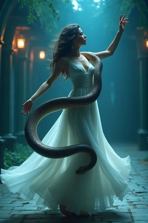 A cinematic depiction of a woman in an elegant white dress dancing gracefully, with a large snake wrapped around her torso and arms. The background is dimly lit with a bluish hue, featuring a soft glow from a distant lantern. The scene has an ethereal, mys...