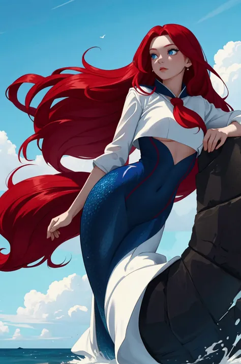 A stunning mermaid soaring through the sky, her long red hair flowing elegantly in the wind. She wears a form-fitting red top, and her navy blue tail glimmers brightly, resembling natural scales. Her bright blue eyes shine with intensity, and her skin appe...