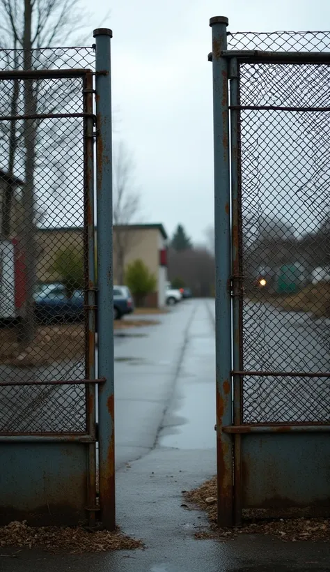 There is a break at the bottom of the iron net，Take a picture of an iron mesh wall from the front，The parking lot can be seen from the hole，cloudy day，Opposite is a parking lot 