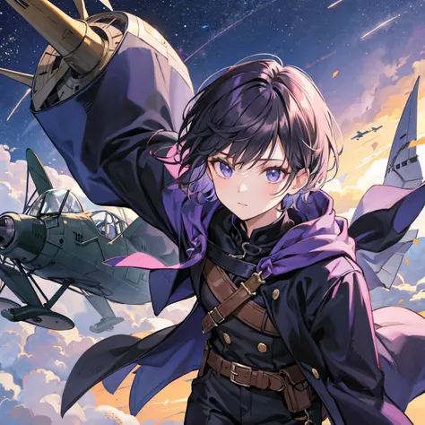 The dark purple short-haired wizard man is on an old airplane and scouting from the air on the battlefield