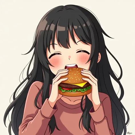 White girl with long black hair biting a super happy and radiant hamburger.