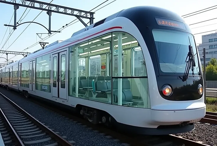 Image of a Japanese economy train with one side of the car wall being transparent, allowing a clear view of the interior. The focus is on the vertical support pillars and Straphangers (hanging poles) inside the train. There are no seats visible, and the in...