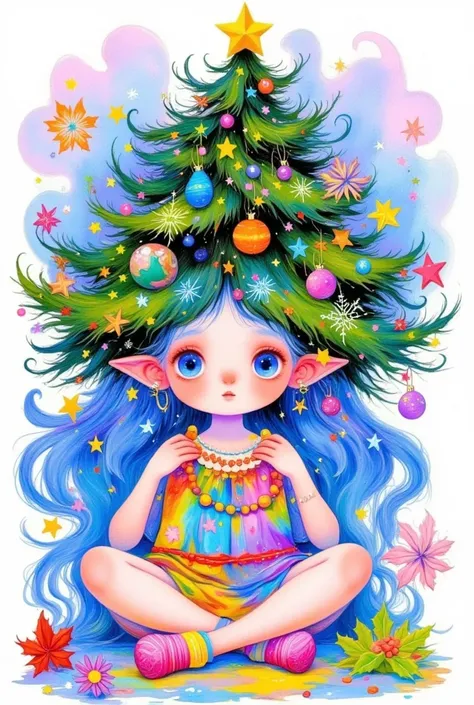 there is a cartoon girl with a christmas tree on her head, jen bartel, magical tree, seasons!! : 🌸 ☀ 🍂 ❄, colorfull illustration, a beautiful artwork illustration, with a tall tree, christmas tree, magic tree, fairy-tale illustration style, by JoWOnder, la...