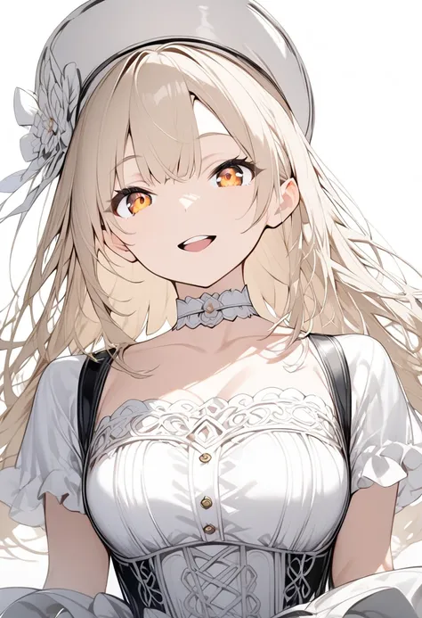 {{masterpiece、 Attention to Details }}、((White background,eye level shot、 cowboy shot、 looking at me))、、 1 girl、white and black corset dress、 white choker、Happy smile、 smile with open mouth 、light brown long hair、white derby hat 、Orange eyes