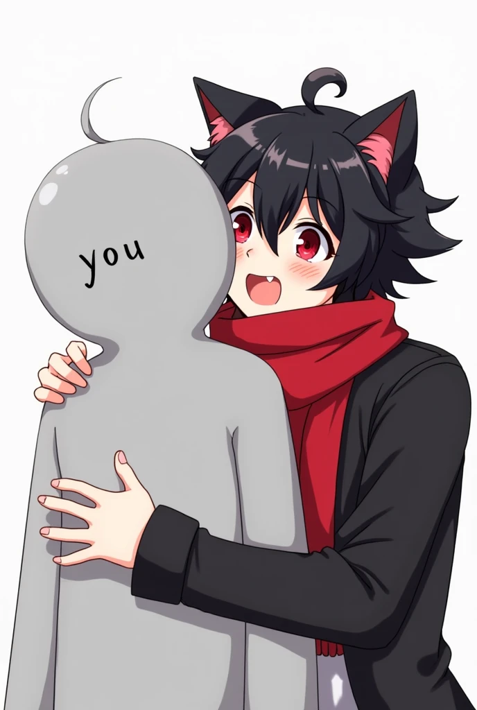 Fully gray anime guy without hair and face instead face write "you". Playfully and cute bite hair some a anime MANS what have black hair, red scarf, red eyes, fangs, cat ears, black jacket, white shirt, and he smiling to gray guy