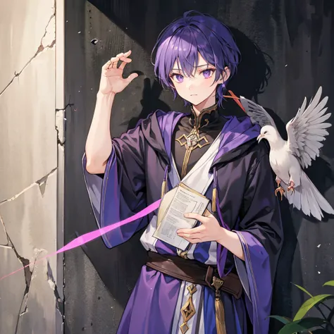 A wizard man with dark purple short hair is hiding in a dove, attaching his ear to the wall, and listening to the sound