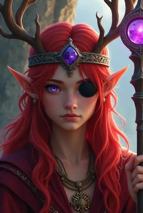  male Druid elf king with blood-colored red hair ,  violet eyes with a black leather eye cap on the right side , delicate and youthful appearance ,  a silver crown with sticks in the shape of deer antlers ,  red robes with gold details and a powerful staff...