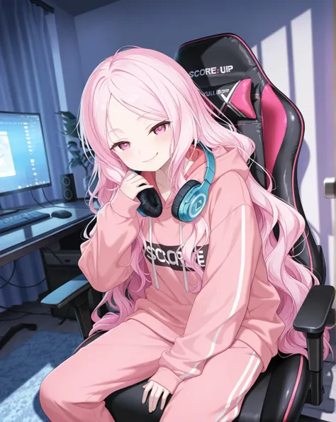 masterpiece, best quality, amazing quality, very aesthetic, high resolution, ultra-detailed, absurdres, newest, scenery, 1girl, pink hair, very long hair, wavy hair, middle parted bangs, pink eyes, pale skin, petite girl, headphones around neck, pink hoodi...