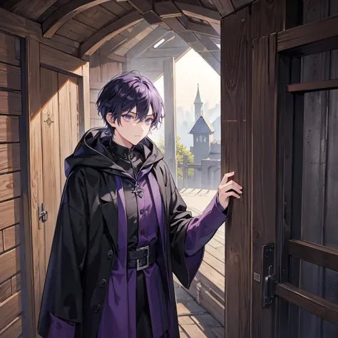 A dark purple short-haired wizard man is wearing a black mask and hiding in a pitch-dark barn