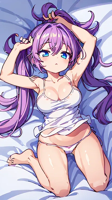 (((Masterpiece, Clean Line Drawing, Colorful, High Image Quality, High Quality, High Detailed, High Contrast, SFW, 2D, 8K, 4K, Anime Illustration))), BREAK ((One 18 year old Girl, Purplish-Lilac-Colored Middle-Length Hair:2, Tying a Side Ponytail with a Bl...