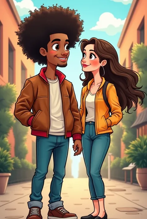 Make me a cartoon image of a couple: the man is white, tall, extremely curly hair (like a fro), and brown eyes. the girl is tall, white, shoulder length wavy hair, brown eyes