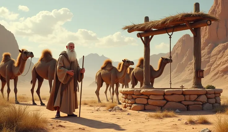 image showing an elderly man with long hair and beard and biblical clothing, leading a caravan with eight camels, the camels are resting in the vicinity of a handmade well,