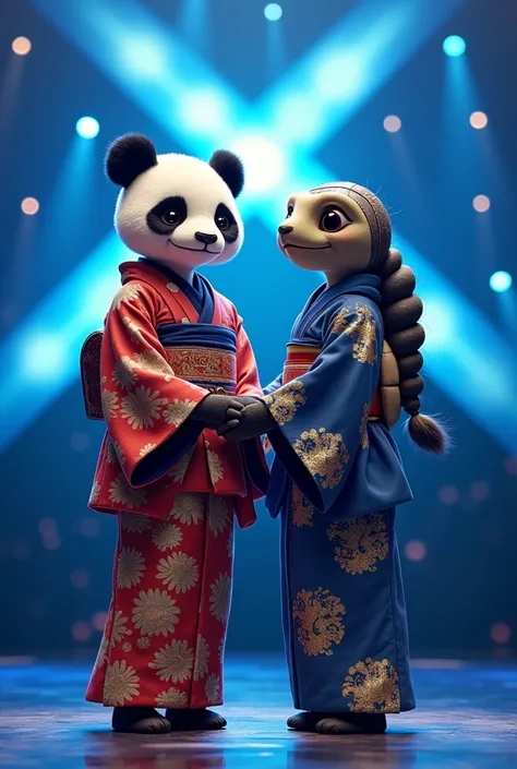 Create an ultra-realistic image of two ren—one with an ultra-realistic panda head and the other with an ultra-realistic turtle head—standing side by side on a brightly lit stage, holding hands and smiling softly. They are wearing traditional Japanese kimon...